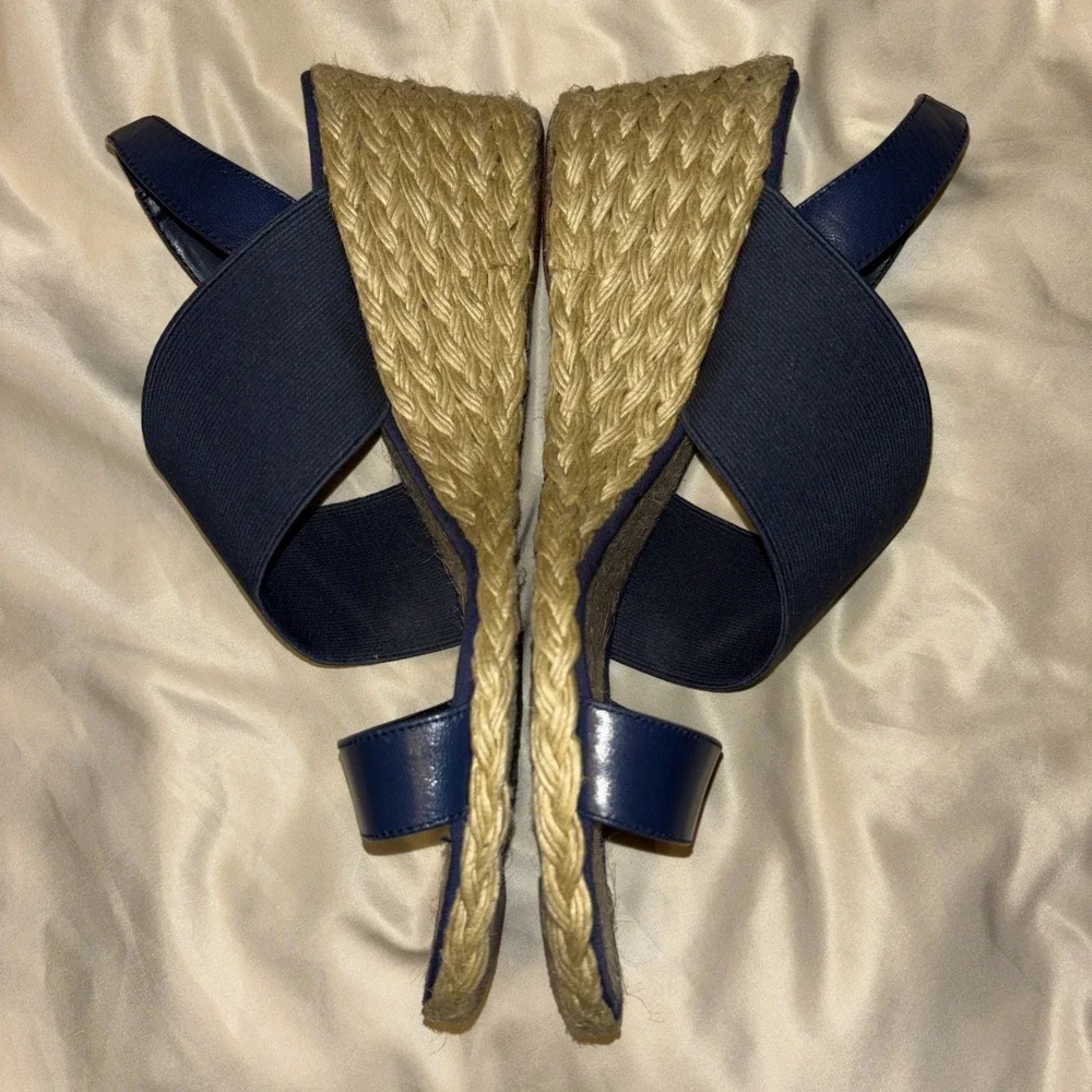 LRL Ralph Lauren 10 B Carminda Navy Blue Wedge Sandals Espadrille Jute Slingback